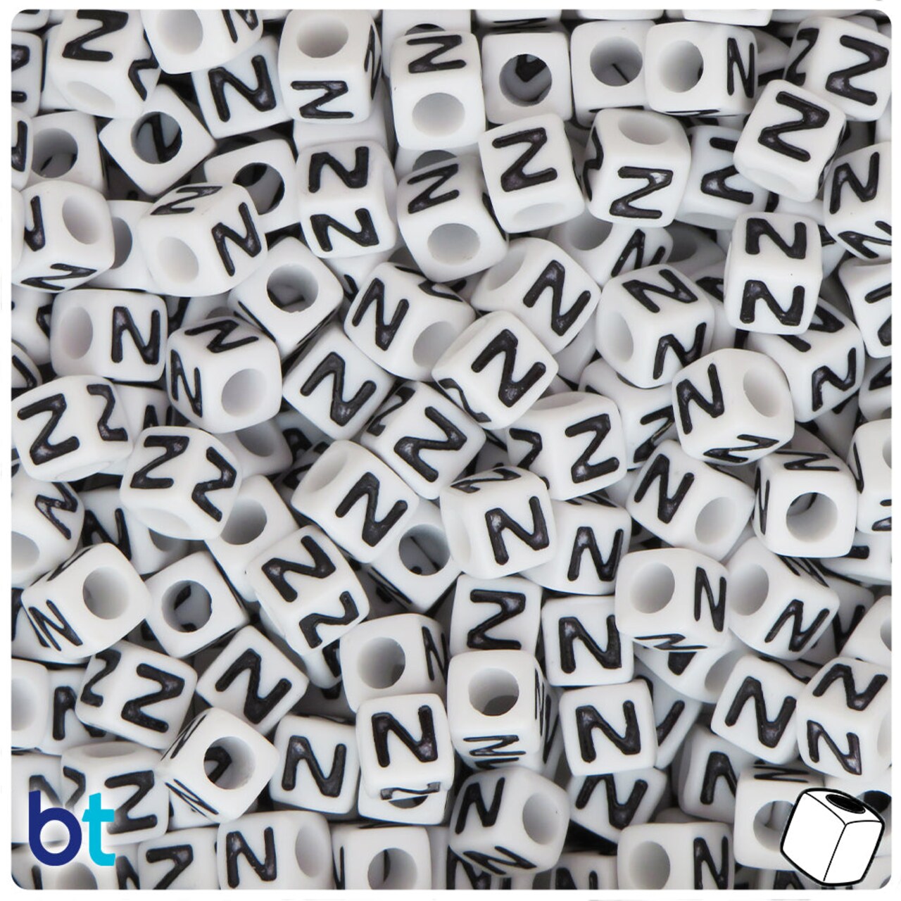 BeadTin White Opaque 7mm Cube Plastic Alpha Beads - Black Letter N (75pcs)